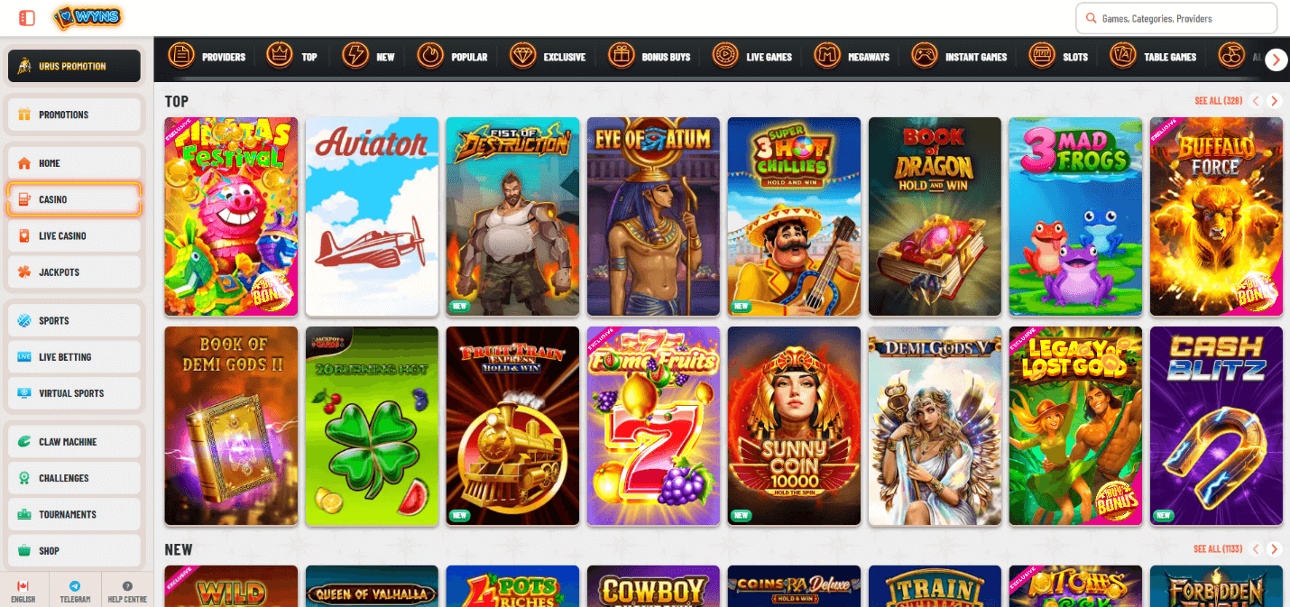 Games lobby at Wyns online casino in Canada